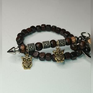 Wooden Beaded bag charm / keychain With Owl Charms